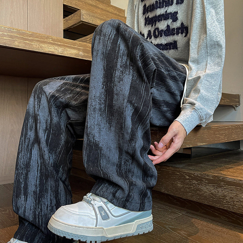 K32春季黑色扎染休闲裤男大码宽松直筒阔腿裤子特P35无差价，男装休闲裤，电商A115