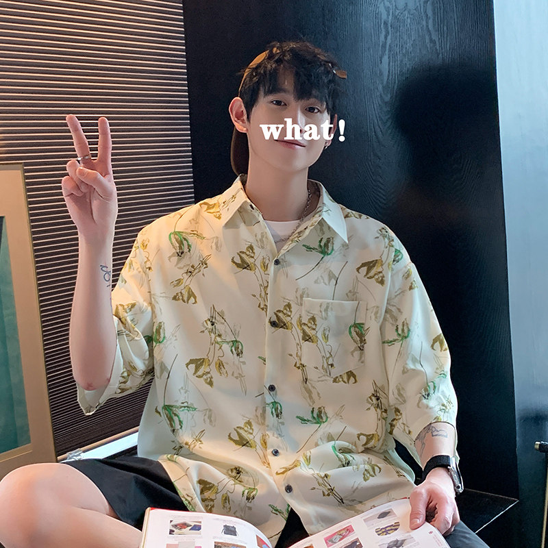 CS77港风夏季碎花冰丝薄款短袖衬衫男宽松半袖玫瑰花衬衣P40,男装T恤,电商A115