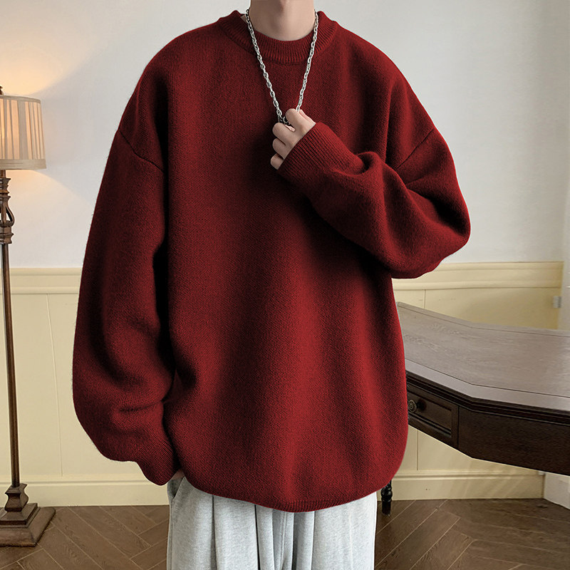 M201港风秋冬套头圆领毛衣男潮宽松酒红线衣针织衫特P35无差价，男装针织衫/毛衣，电商A115
