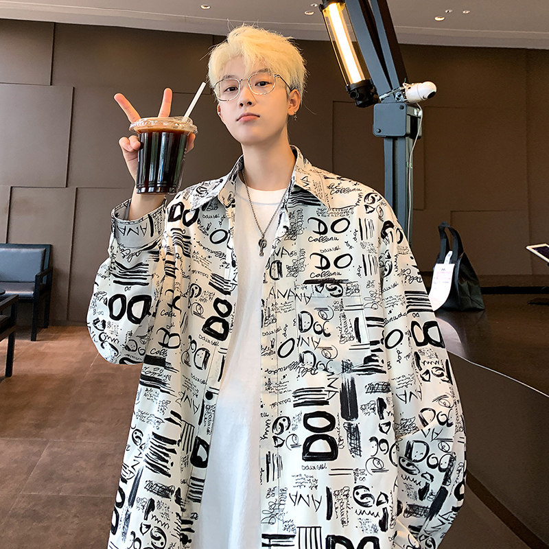 C777秋季新款字母涂鸦长袖衬衫男潮大码宽松衬衣P45限78,男装衬衫,电商A115