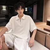 TZ1104夏季冰丝半拉链短袖T恤套装男大码松弛感宽松两件一套P65，商品下架区，电商A115