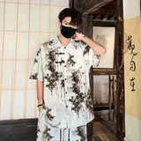 C804新中式风盘扣短袖衬衫男宽松大码薄款竹子印花衬衣P40，男装T恤，电商A115