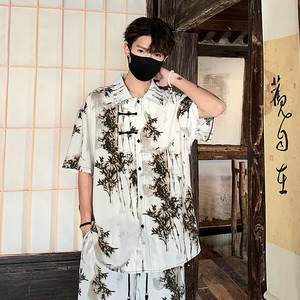 C804 新中式风盘扣短袖衬衫男宽松大码薄款竹子印花衬衣 P40图片