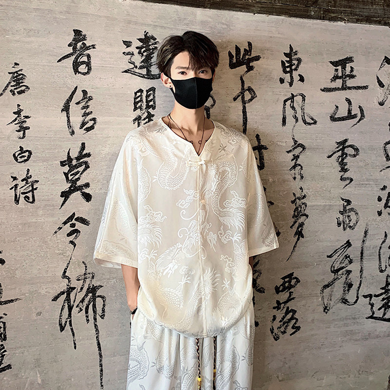 TK600新中式风冰丝垂感V领短袖T恤套装男宽松灯笼裤两件套,男装T恤,电商A115