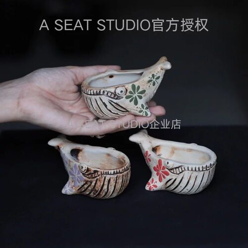 A SEAT STUDIO泰国进口迷你鲸鱼花盆萌系印花块根绿植手工花盆