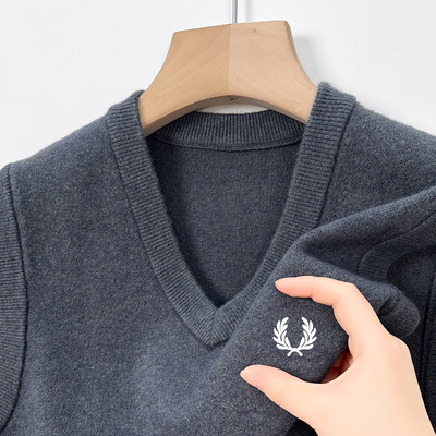 FP麦穗男士V领100%羊毛加厚毛衣