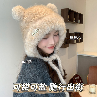 帽子女款2025新款秋冬款小熊加绒加厚毛绒大头围显脸小针织毛线帽