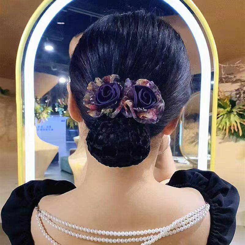 韩版银行酒店花朵发网职业头花空姐护士盘发网兜女后脑勺发夹头饰