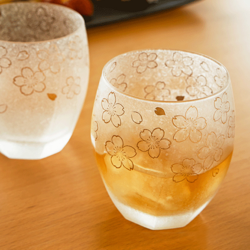 日本aderia石冢硝子樱花磨砂啤酒杯威士忌杯玻璃杯水杯单杯礼盒装