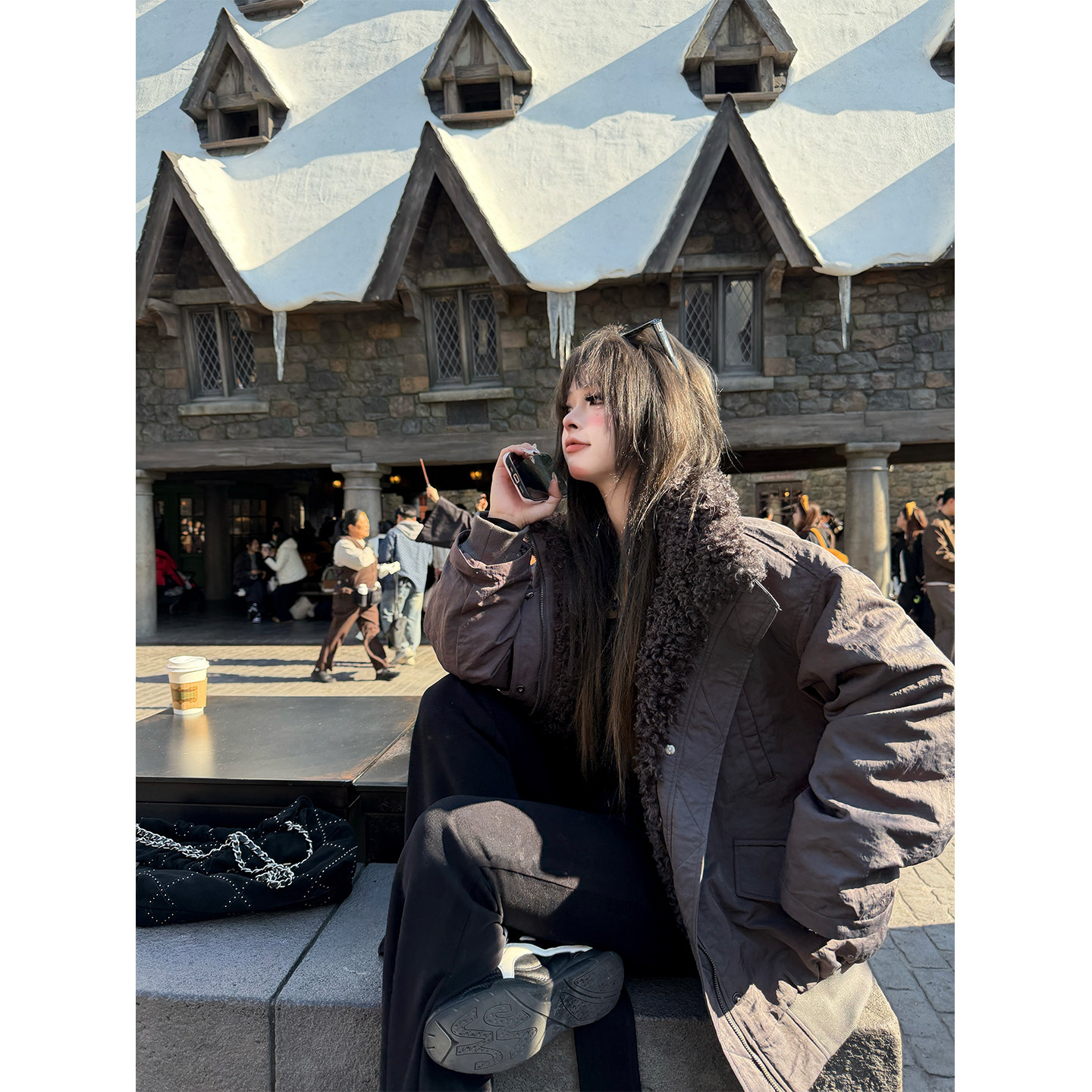 复古仿泰迪毛立领羽绒服外套女