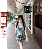 年终清仓 秋澄LeeAutumn 假两件撞色polo领T 格纹百褶裙套装 女