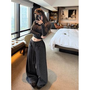 秋澄LeeAutumn 解构美学 美式格纹拼接松紧腰休闲裤女秋冬阔腿裤