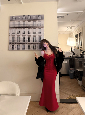 秋澄LeeAutumn 甜酒芭莉 鱼骨收腰甜辣蕾丝修身包臀吊带连衣裙