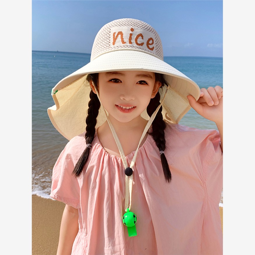 儿童遮阳帽夏天户外大帽檐披肩帽男孩出游防晒帽字母女孩太阳帽子