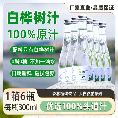 白桦树汁100%原汁长白山桦树汁原液无糖植物饮料300ML*6瓶整箱装