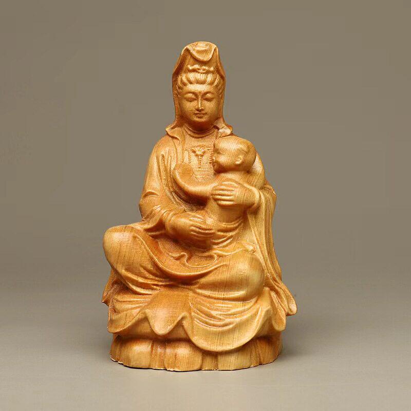 崖柏送子观音实木雕刻摆件工艺品木雕菩萨佛像供奉古典室内装饰件