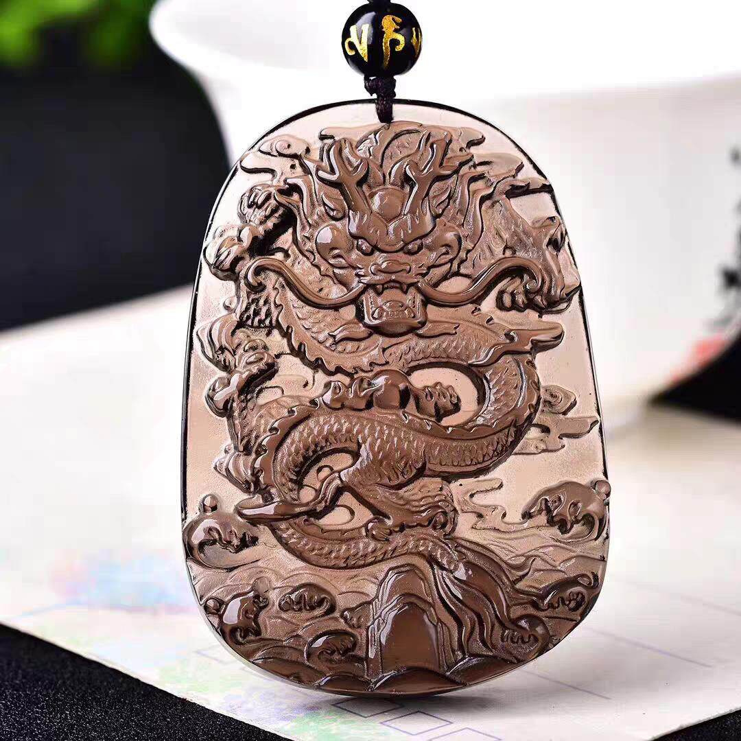 天然冰种黑曜石龙牌挂件