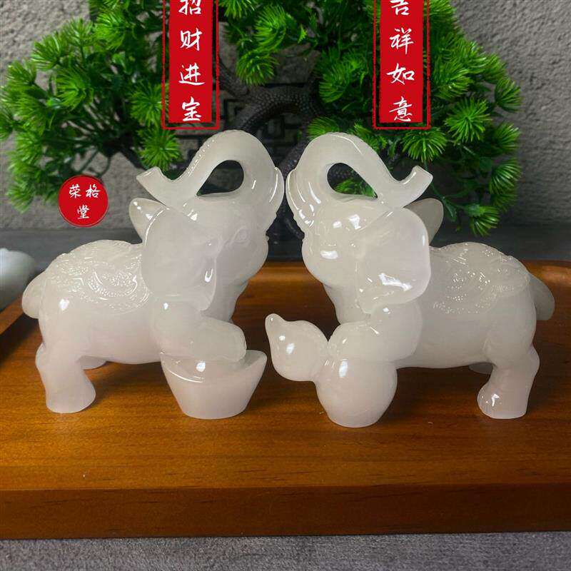 大象玉石摆件一对吸水象