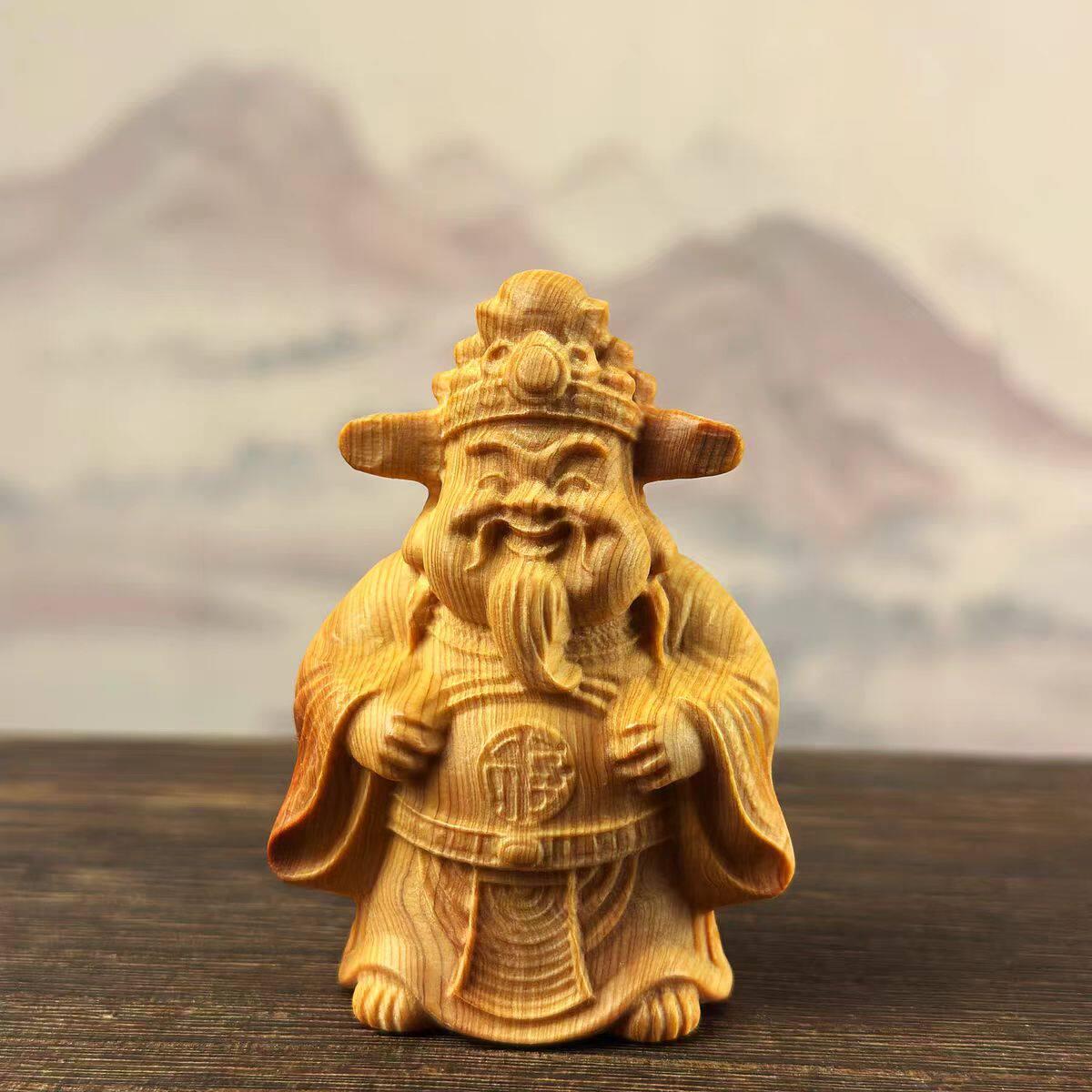 天然崖柏木雕胖财神手把