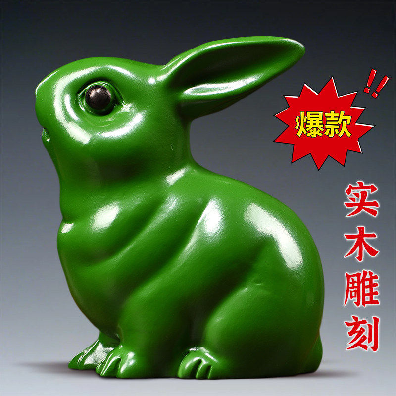 绿色木质雕刻兔子摆件三