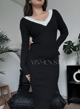 VINMEN STUDIO法式女郎 撞色V领针织修身长裙连衣裙231216