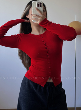 VINMEN小镂空 高级感纽扣开衫长袖百搭针织衫上衣251103