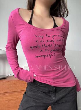 VINMEN STUDIO乌梅子酱 字母大U领纯欲长袖上衣240903