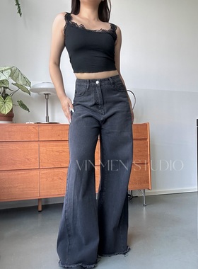 VINMEN STUDIO逆天长腿 黑色毛边牛仔长裤宽松阔腿牛仔裤240711