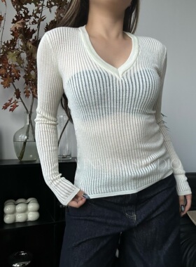 VINMEN STUDIO40%透视 竖纹镂空露背针织衫长袖241109