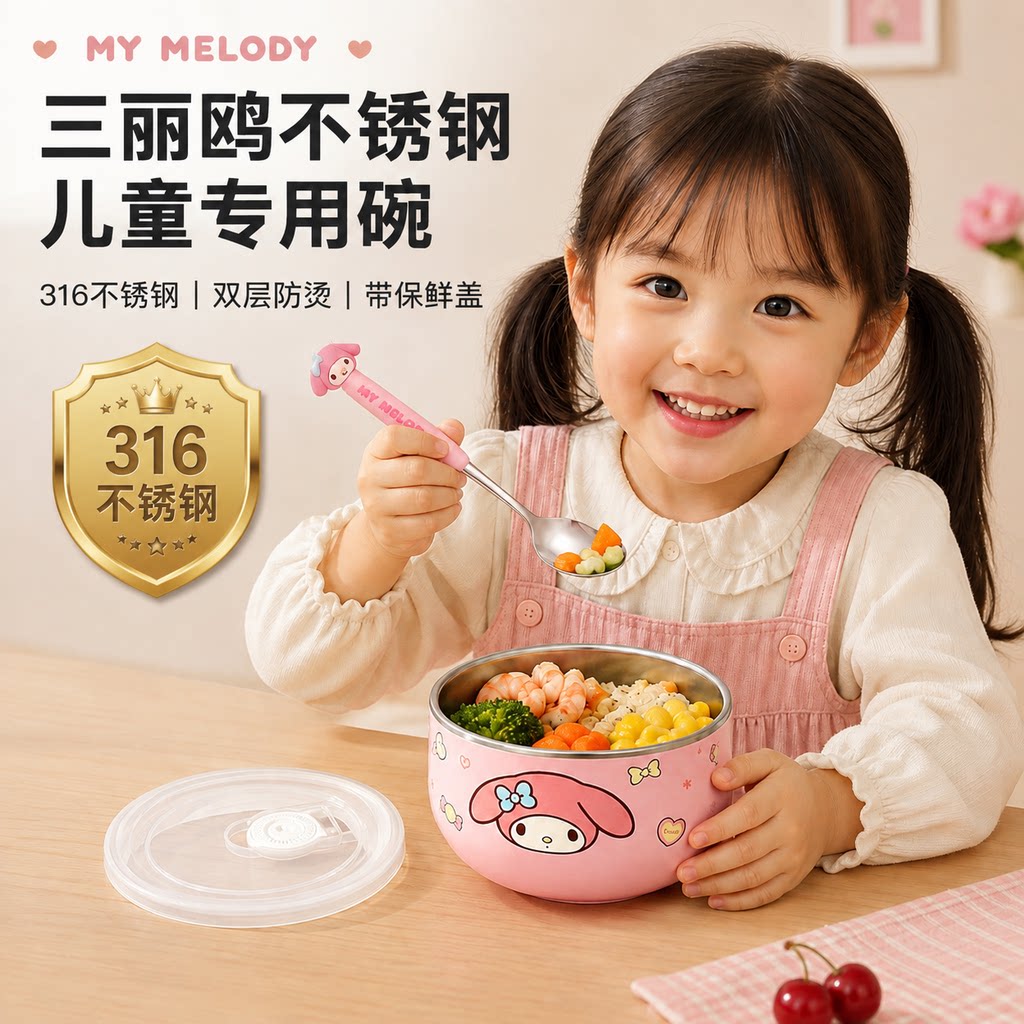 316不锈钢三丽鸥儿童碗宝宝吃饭用餐具3岁以上汤碗防摔防烫辅食碗