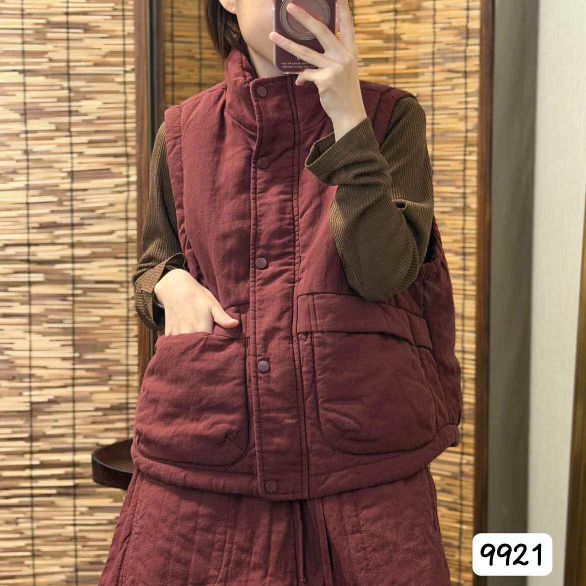 时尚百搭亚麻带内衬夹棉马甲