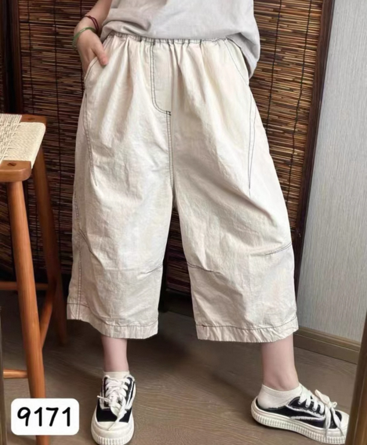 简约薄款卡其棉洗水八分裤女