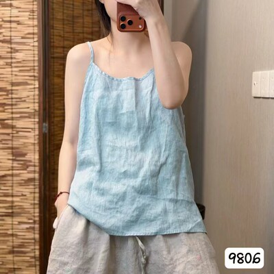 亚麻风圆领吊带背心女