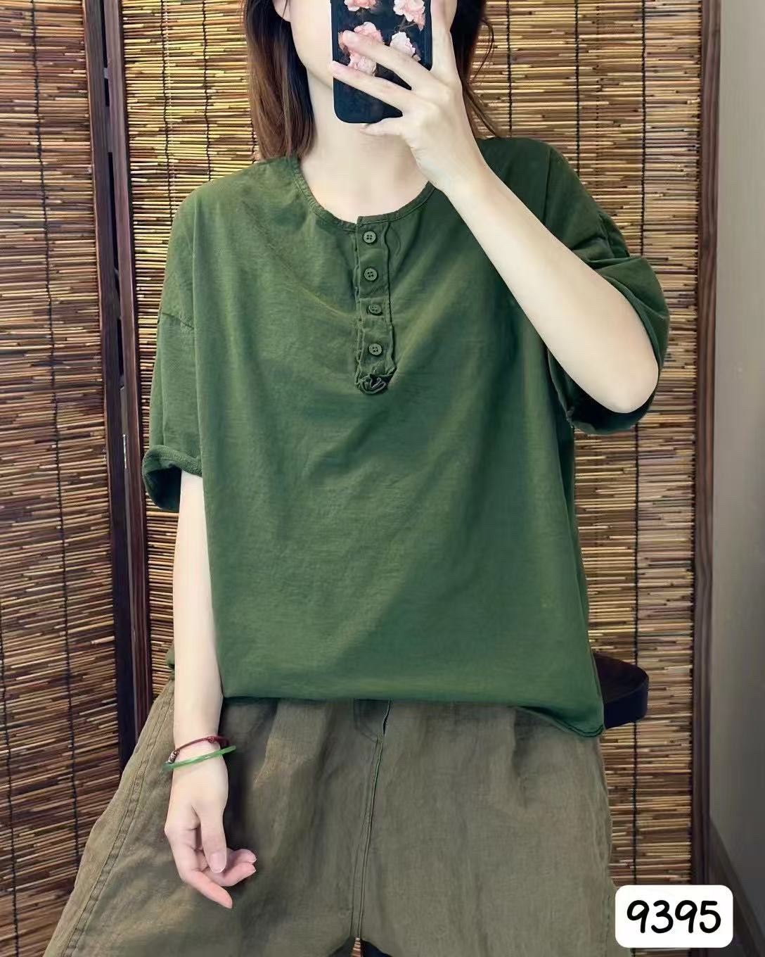 9395新款百搭简约纯棉宽松大码130-63显瘦休闲舒适圆领短袖上衣