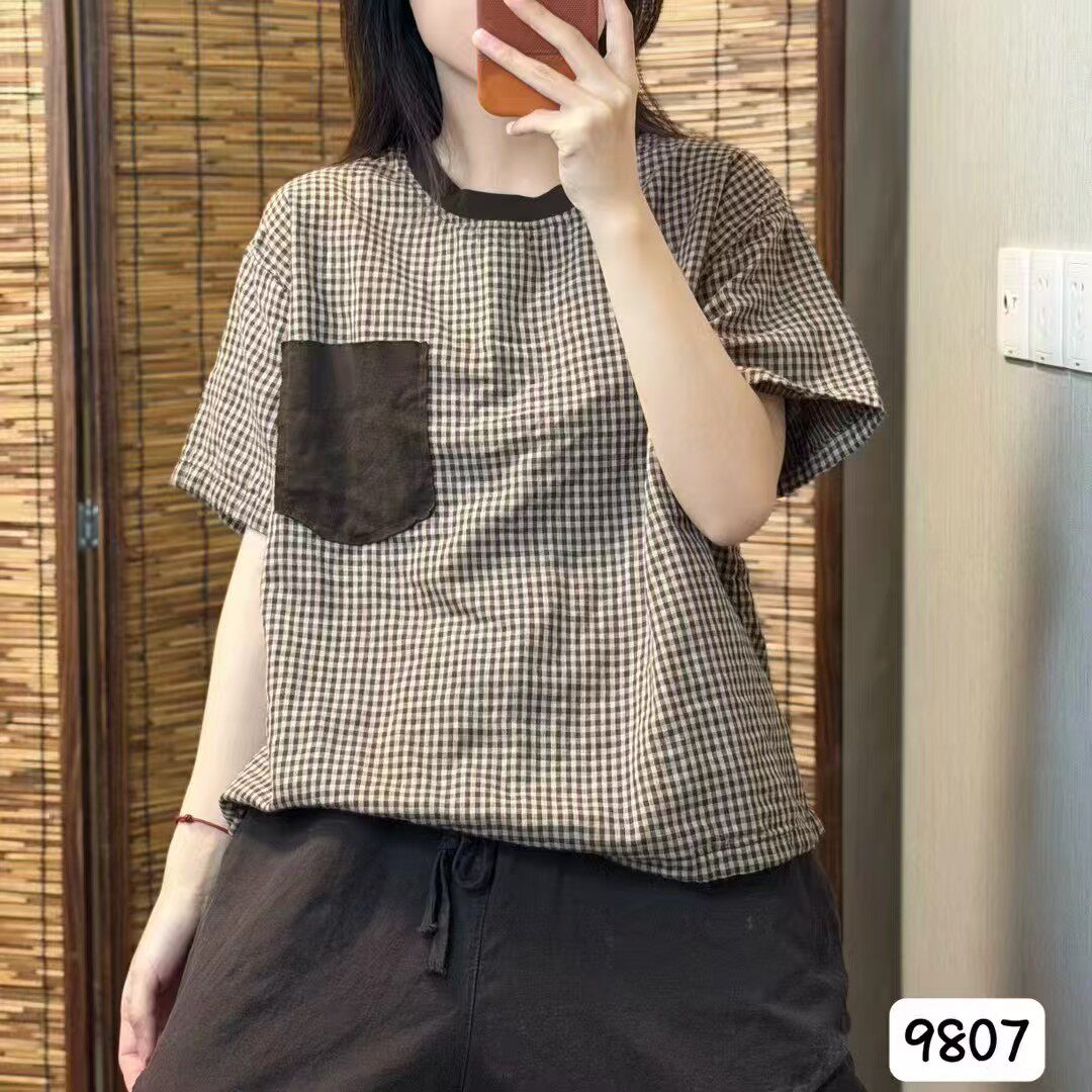 夏季新款通勤格子棉纱短袖T恤