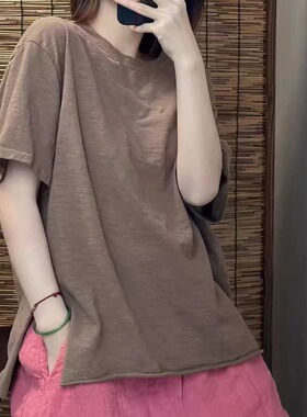 9503-简约洗水宽松大码显瘦休闲夏季舒适轻薄竹节棉圆领短袖T恤女