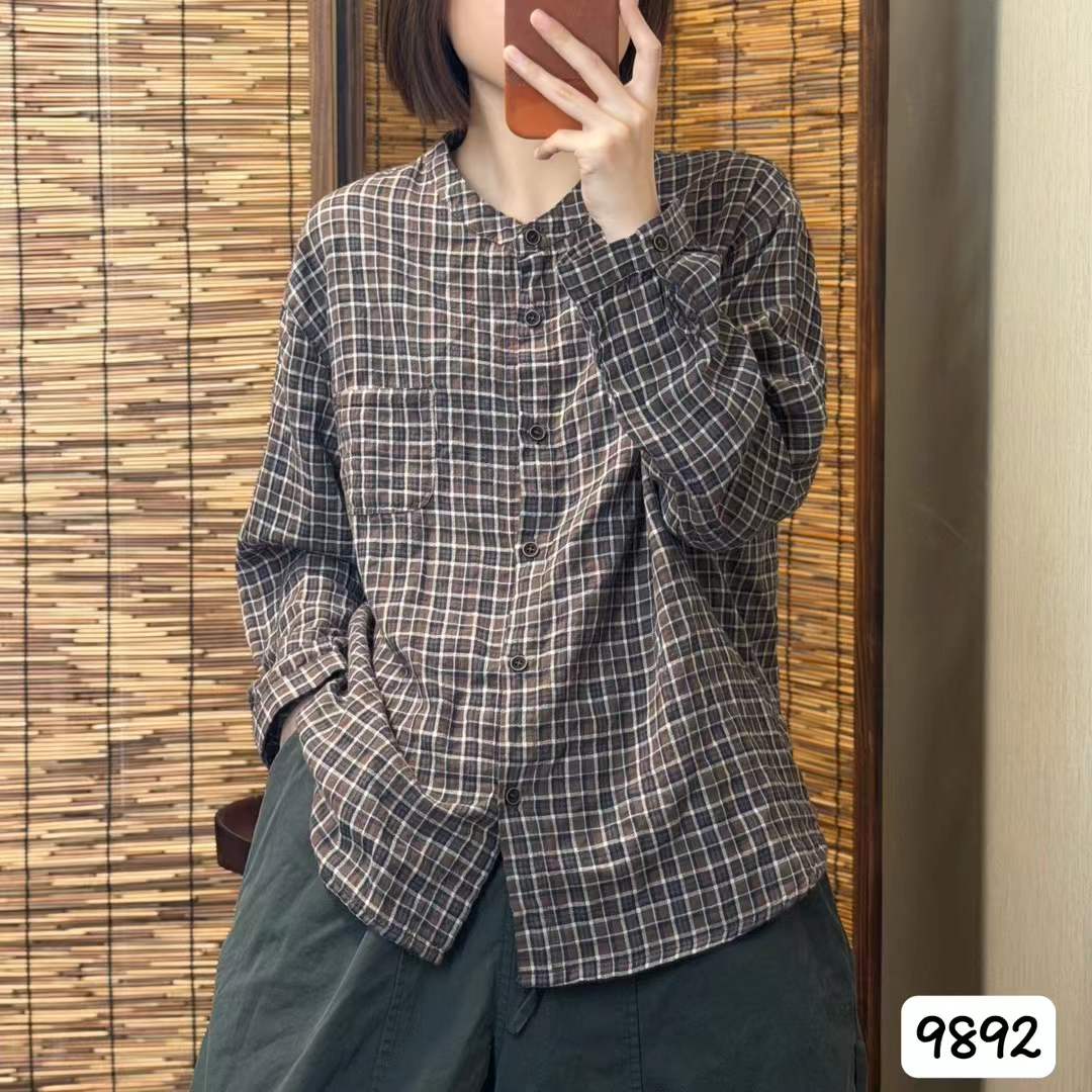 早秋新款文艺复古风衬衫格子上衣