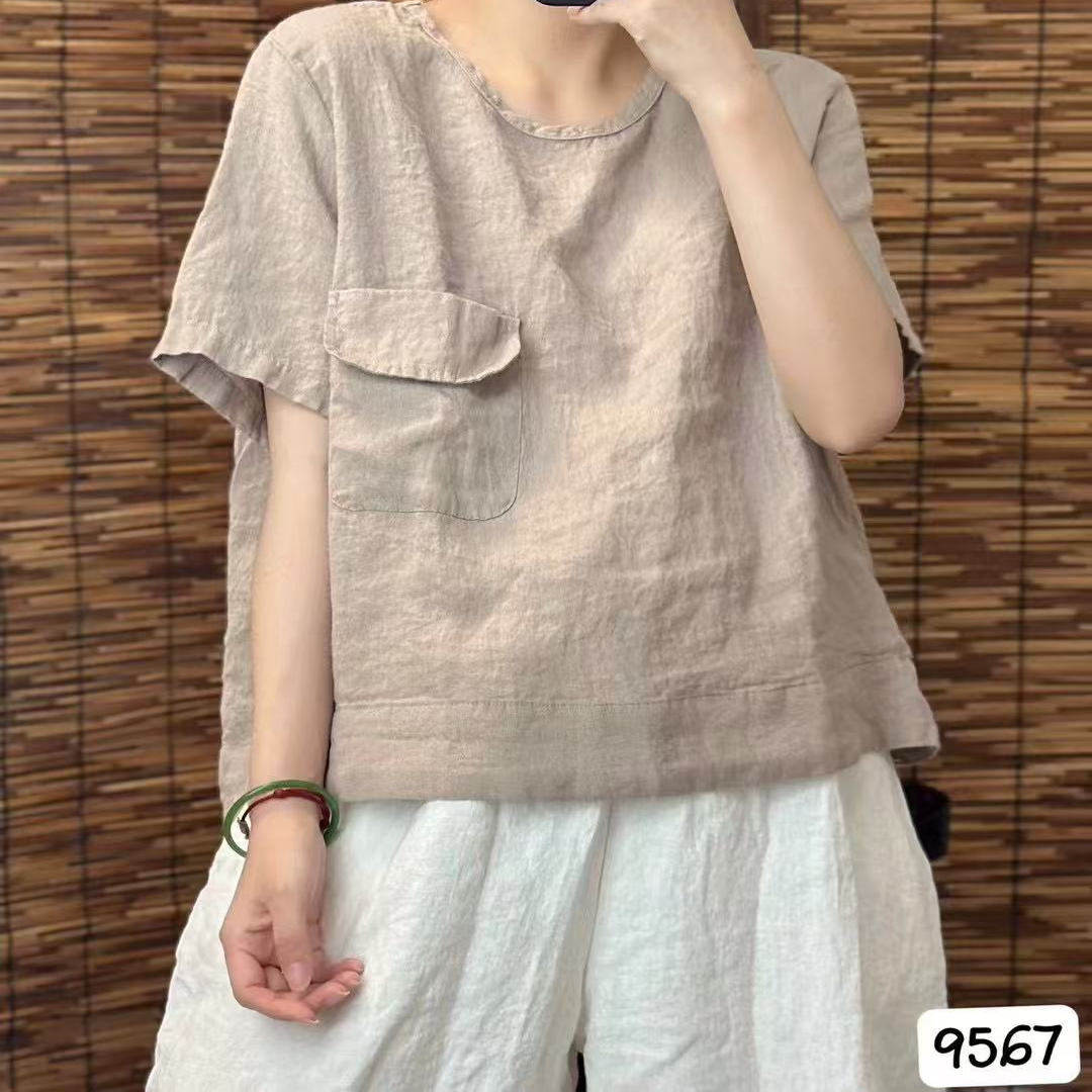9567夏季新款圆领砂洗亚麻小个子百搭显瘦上衣翻盖口袋五分袖短袖