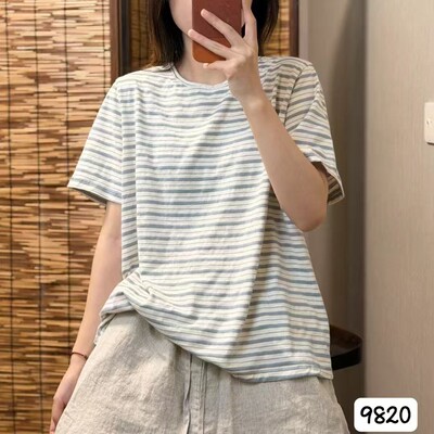 夏季纯棉条纹短袖T恤女宽松显瘦