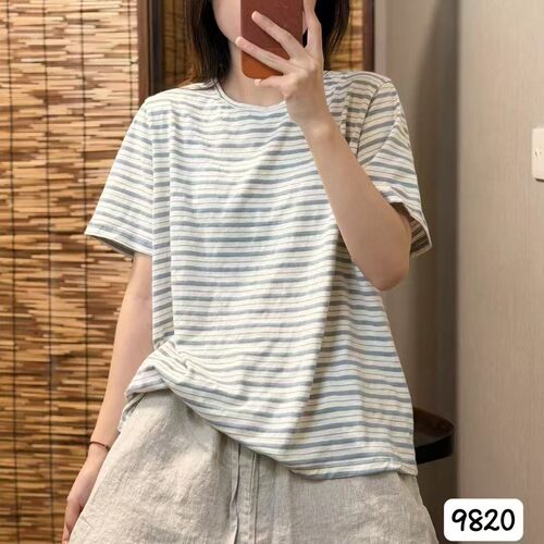 夏季纯棉条纹短袖T恤女宽松显瘦