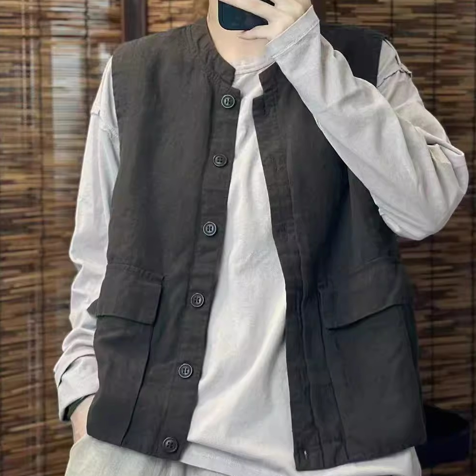 亚麻砂洗马甲复古休闲设计感