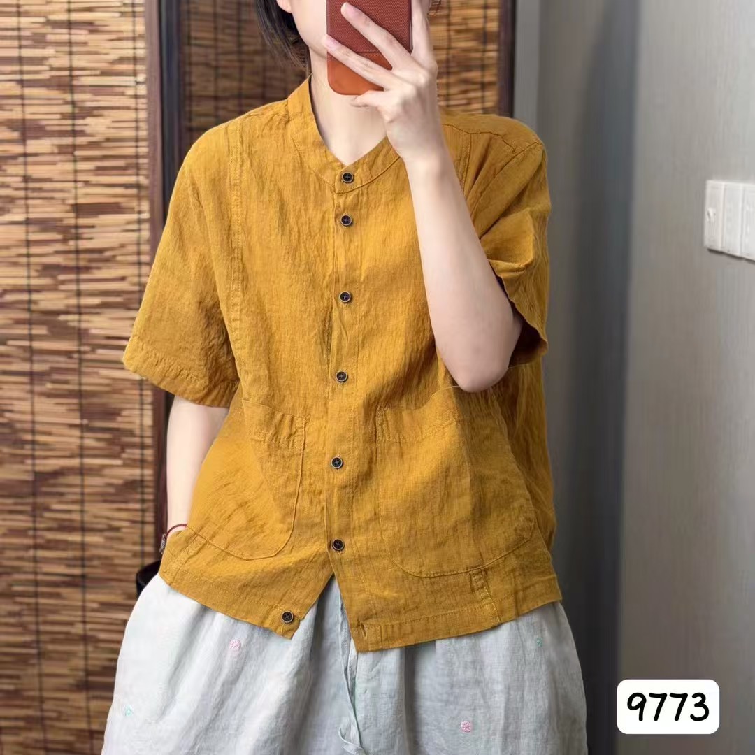 夏季复古亚麻风宽松短袖女士衬衫