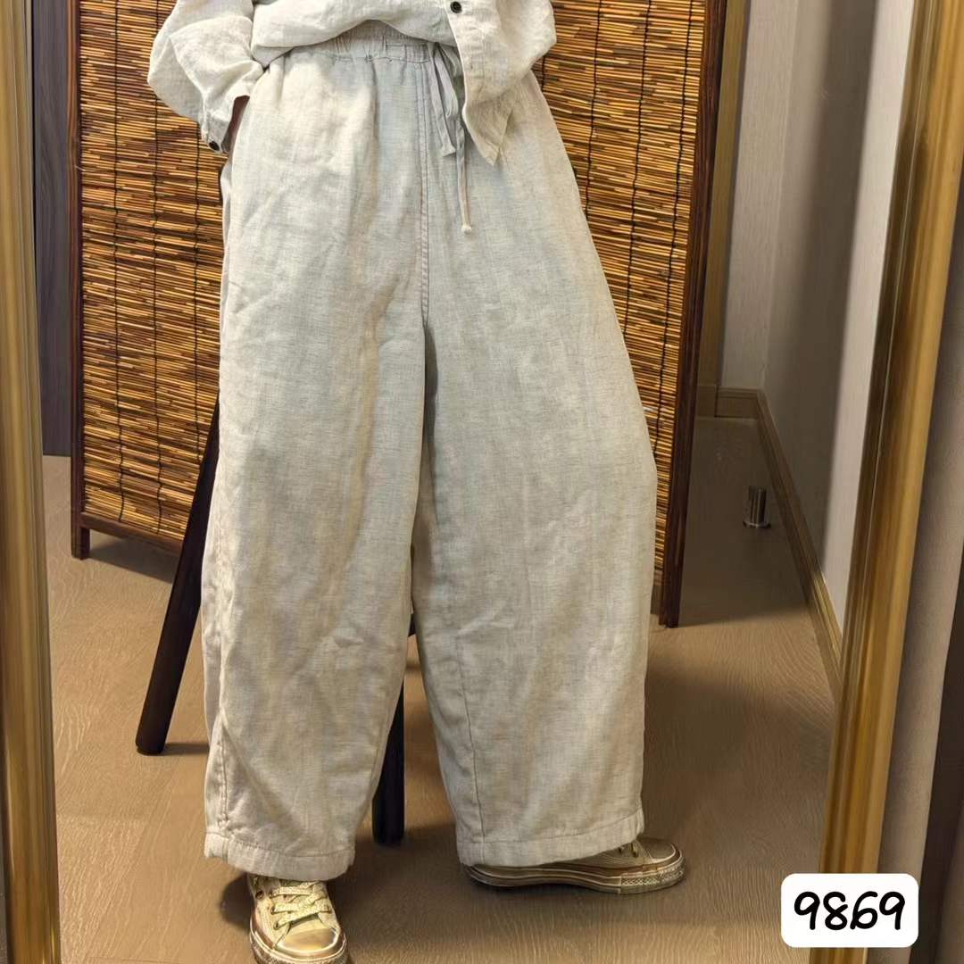 秋款亚麻风宽松阔腿裤女慵懒松弛
