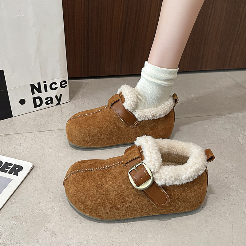 网红勃肯棉鞋女2025年冬季爆款皮毛一体加绒保暖一字扣短筒雪地靴