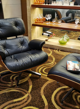 轻奢伊姆斯躺椅头层牛皮eames 休闲椅意式旋转家用真皮懒人沙发椅