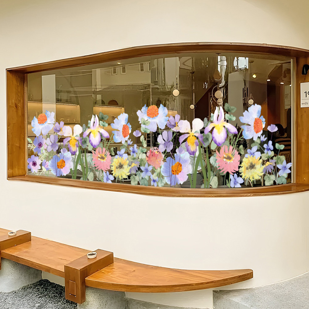ins风贴纸服店奶茶餐厅店铺橱窗夏日清新小花玻璃门静电贴画装饰