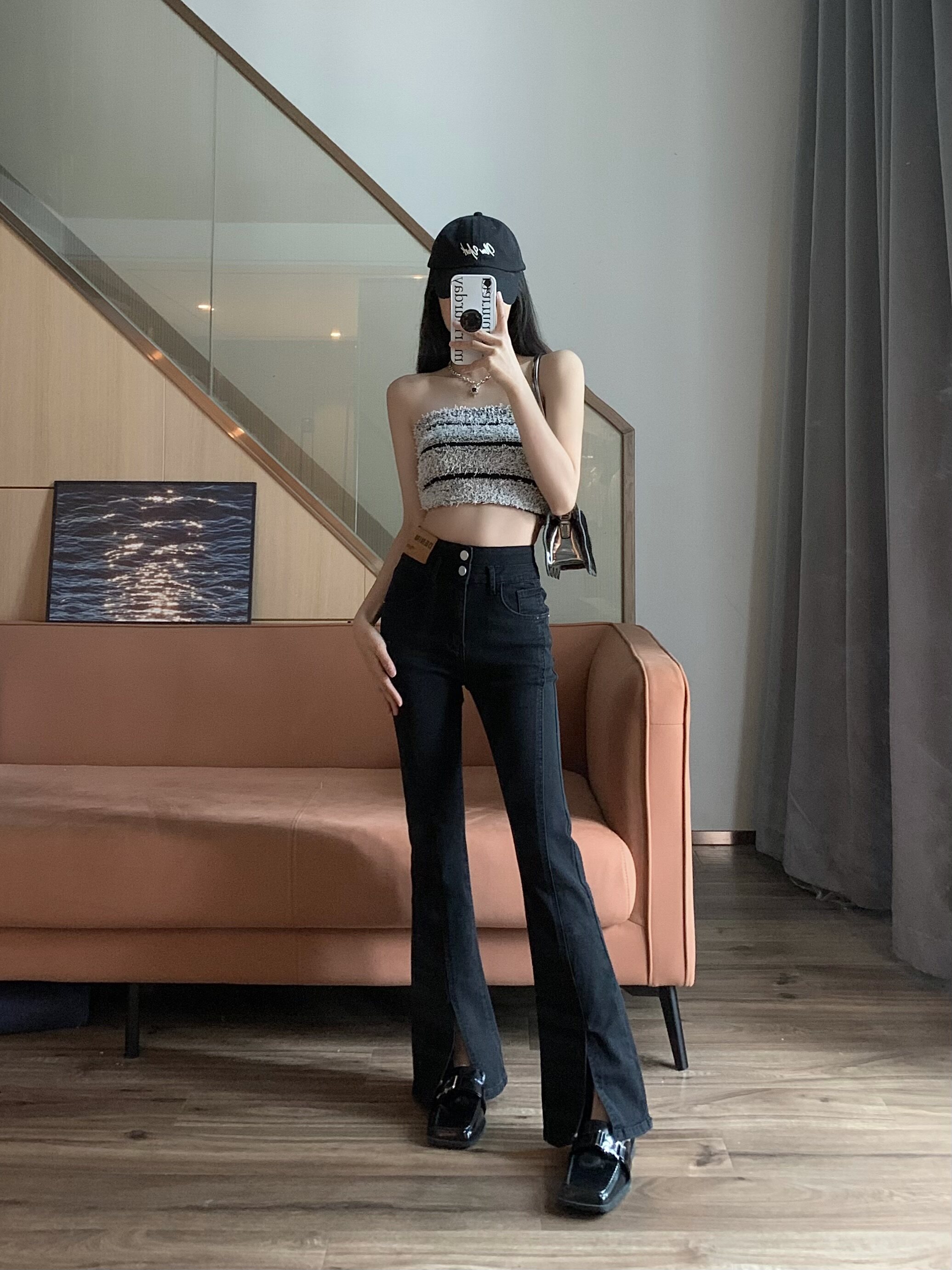 Zanee 前开叉微喇叭阔腿牛仔裤女2023秋季新品高腰弹力显瘦裤子
