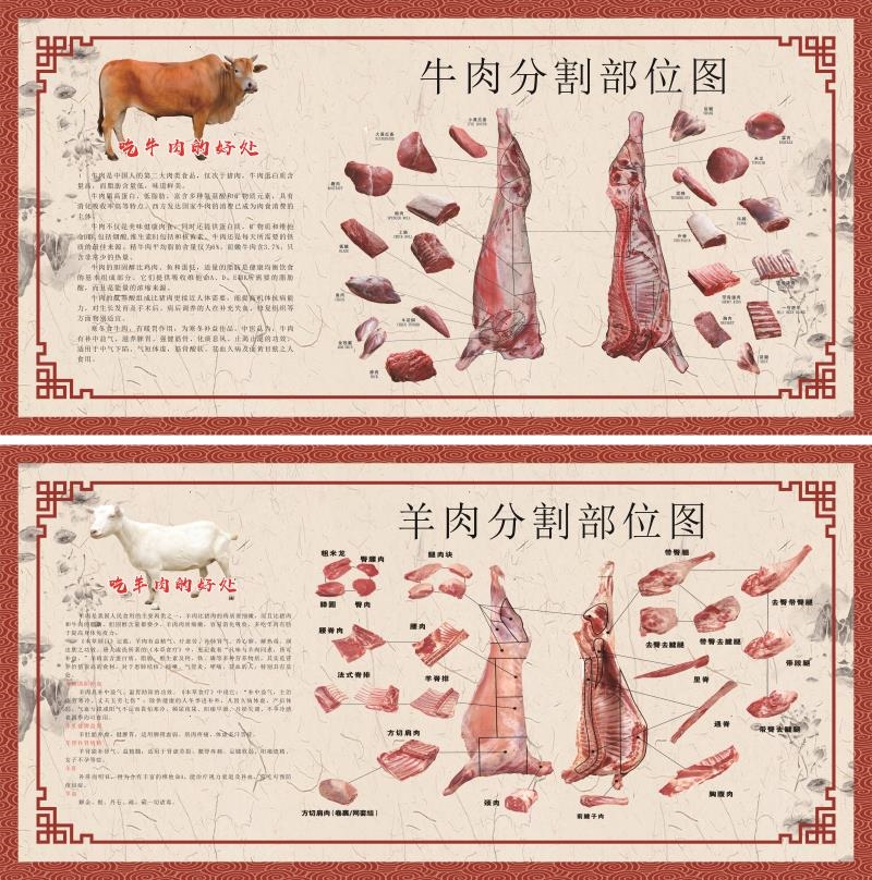 超市牛排牛肉分割图牛分解切割部位图羊肉铺店熟食店壁画布墙贴纸
