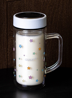 星星双层玻璃杯带把手便携女茶水分离办公室家用早餐杯牛奶花茶杯