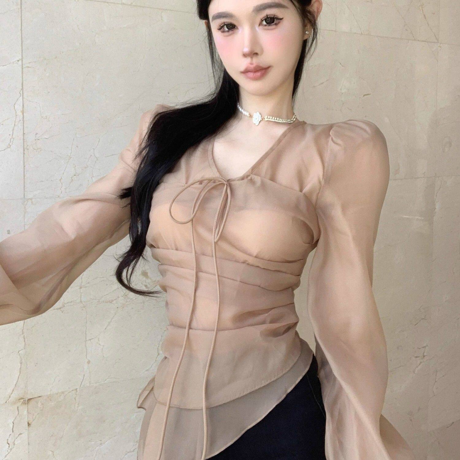 韩版V领长袖雪纺衫女秋季